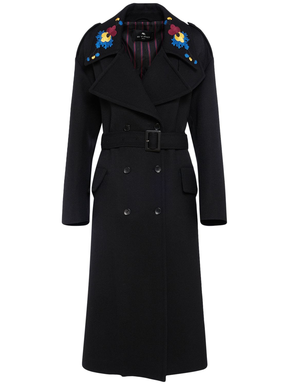 Image of Embroidered Wool Long Coat W/belt