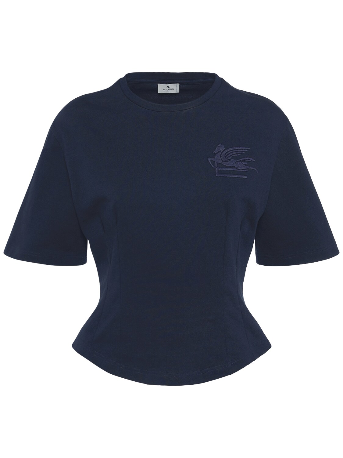 Etro Logo Cotton Jersey Crop T-shirt In Navy