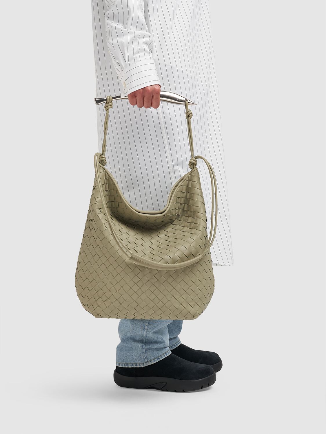 Shop Bottega Veneta Sardine Hobo Leather Shoulder Bag In Travertine