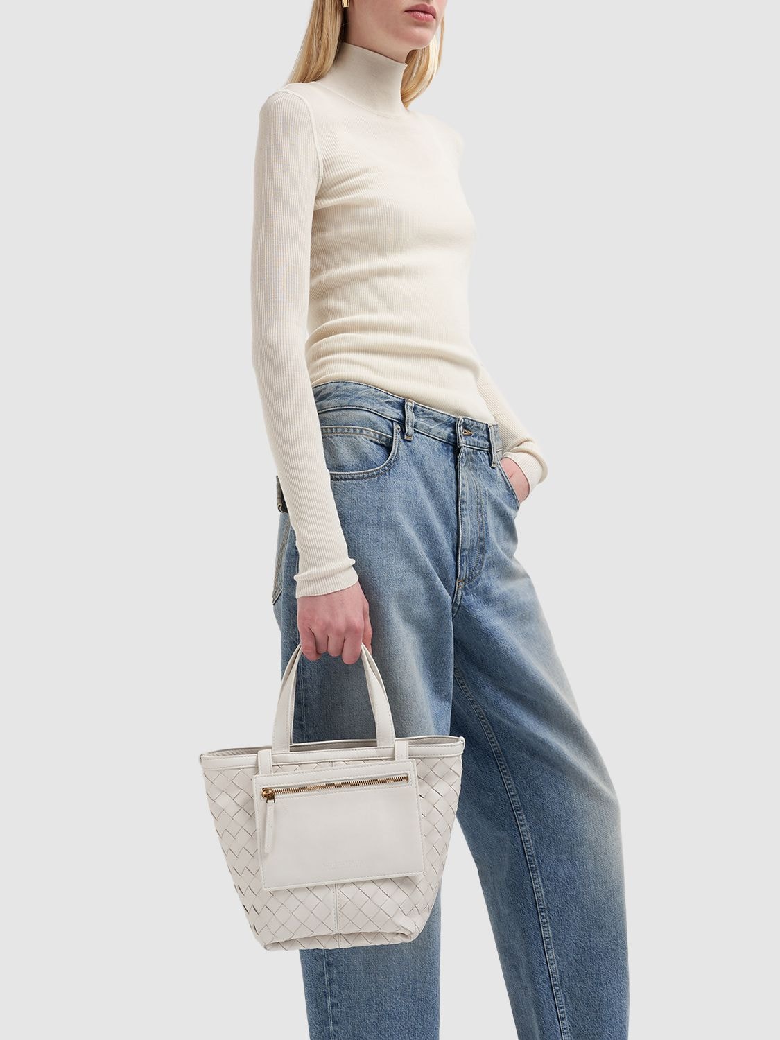 Shop Bottega Veneta Small Flip Flap Leather Tote Bag In Chalk