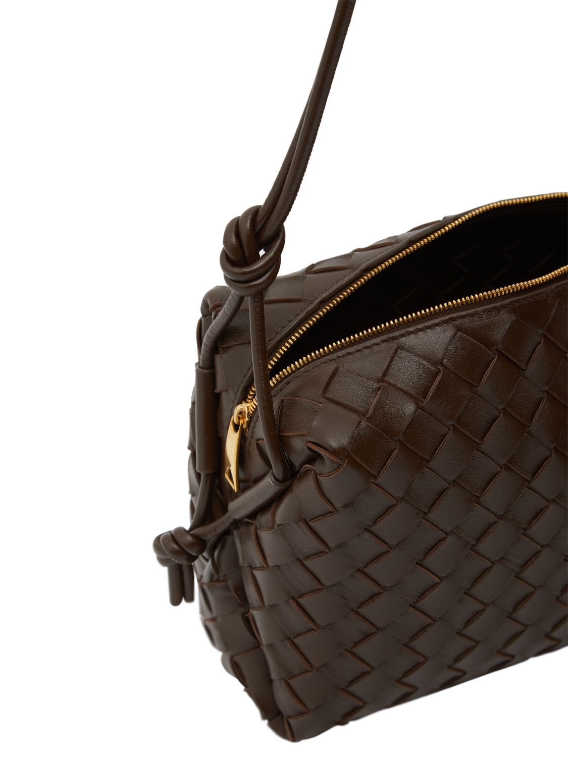 Shop Bottega Veneta Small Loop Leather Crossbody Bag In Brown