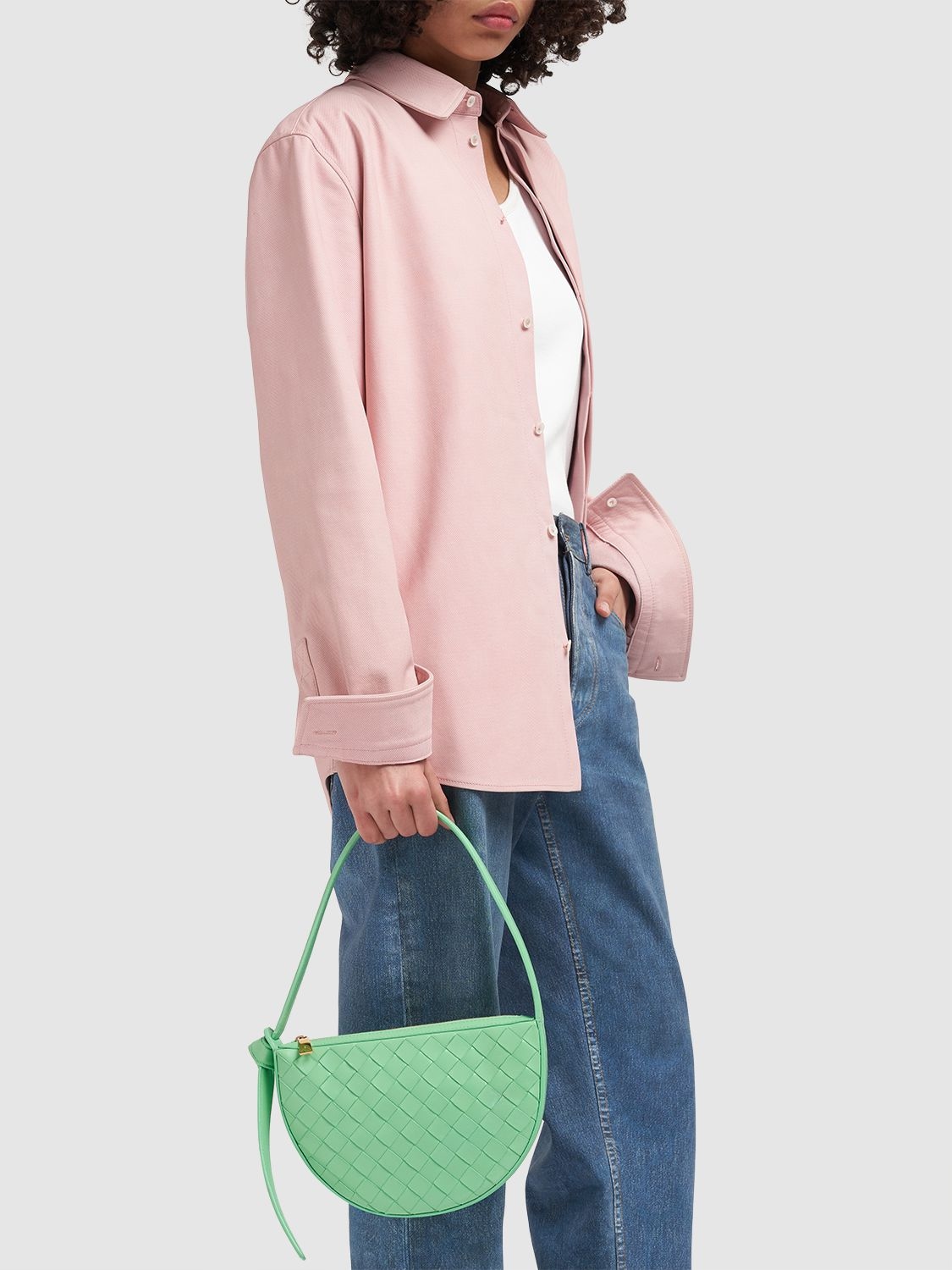 Shop Bottega Veneta Mini Sunrise Leather Shoulder Bag In Siren
