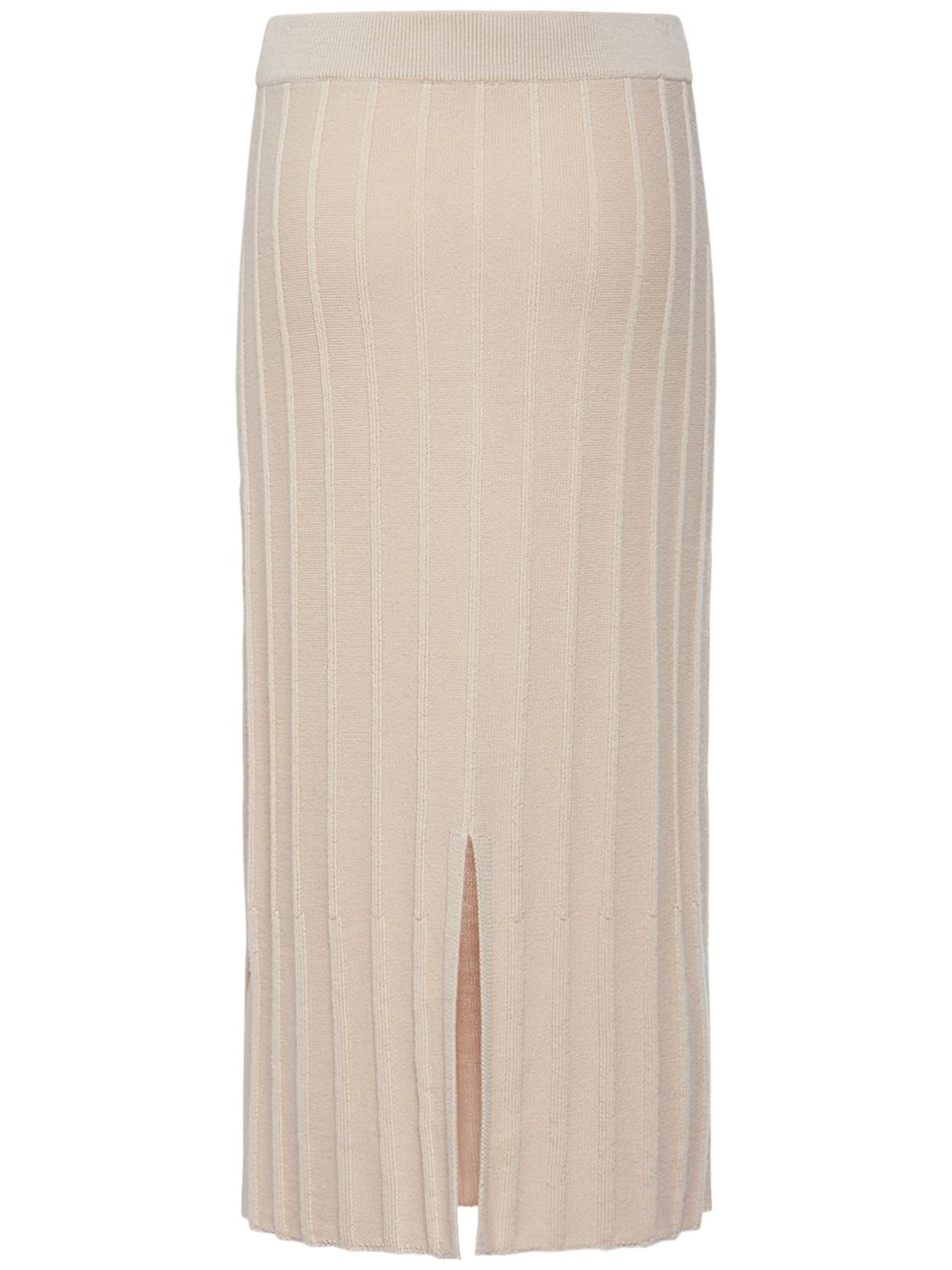 Max Mara Melk Wool Rib Knit Midi Skirt In Light Beige