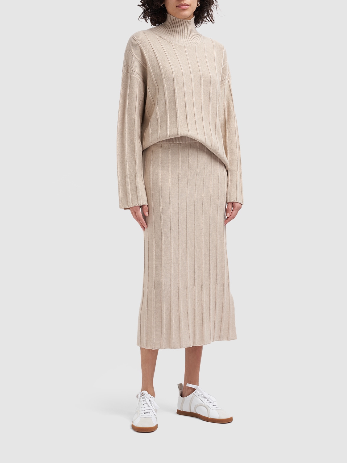 Melk Wool Rib Knit Midi Skirt In White