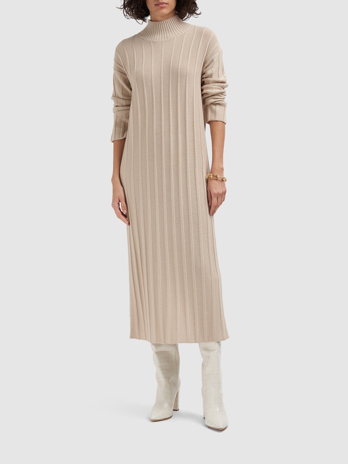 Shop Max Mara Arezzo Wool Rib Knit Midi Dress In Light Beige