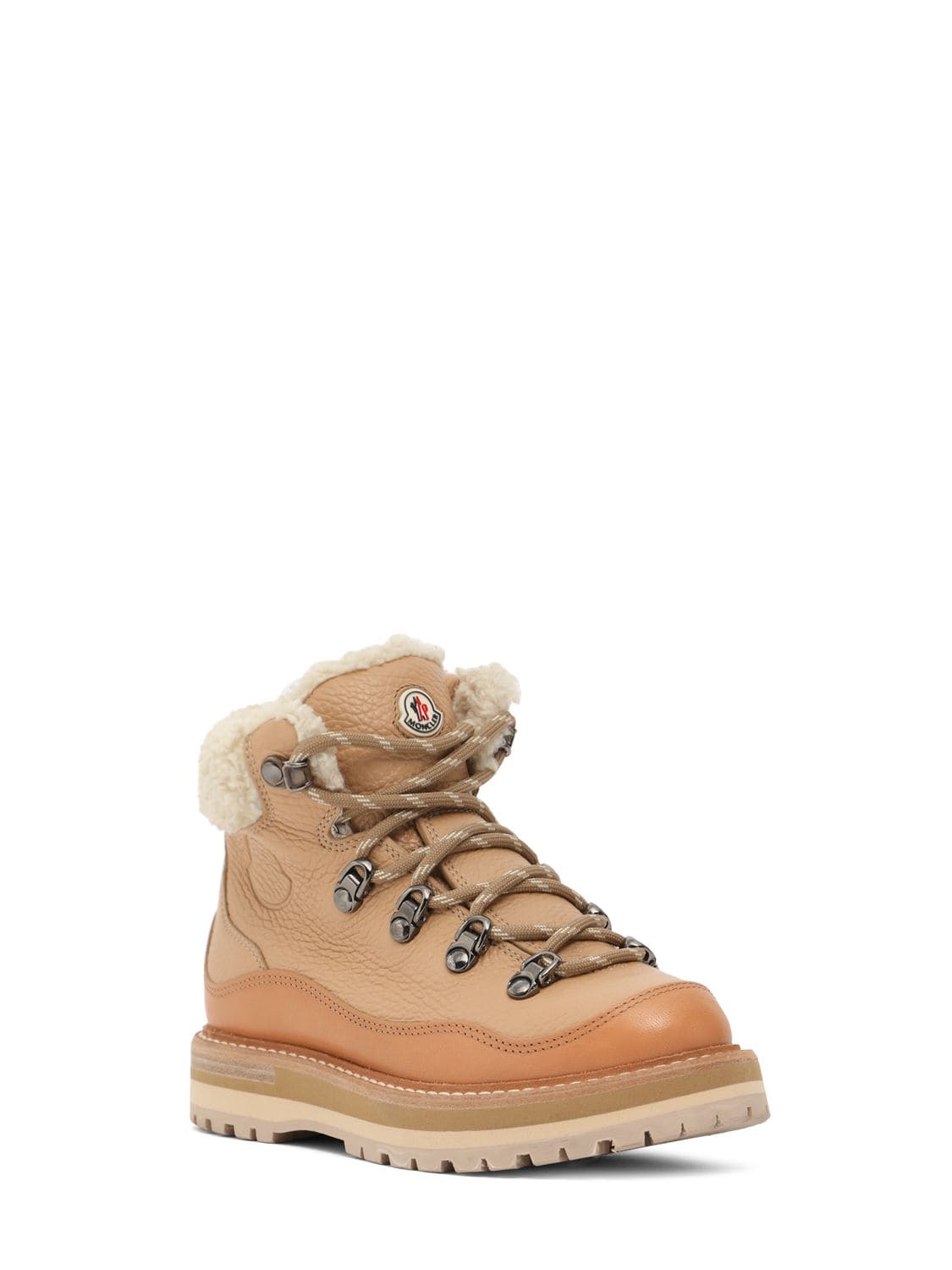 Shop Moncler Petit Peka Leather Hiking Boots W/ecofur In Beige