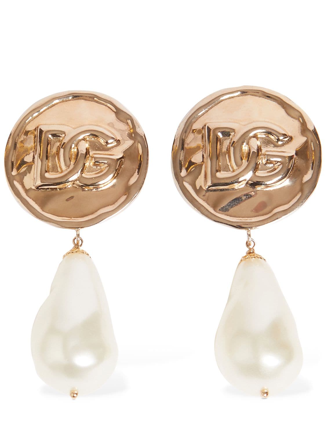 Shop Dolce & Gabbana Coin Logo Dg Faux Pearl Clip-on Earrings In Gold,pearl