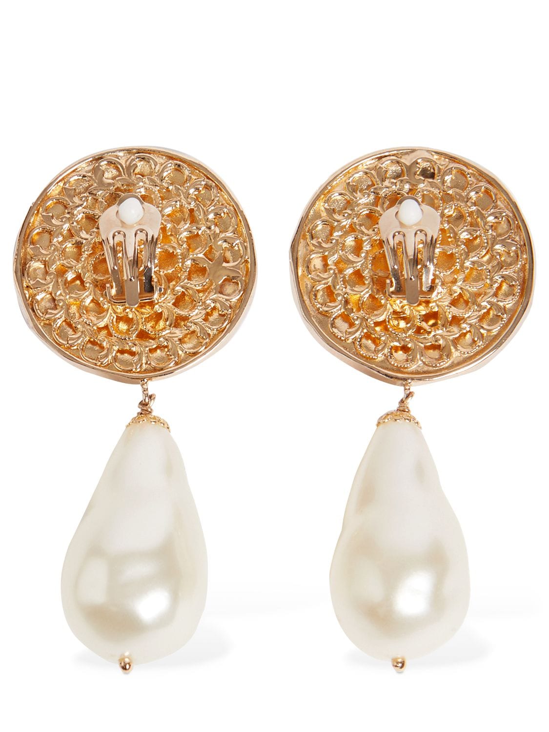 Shop Dolce & Gabbana Coin Logo Dg Faux Pearl Clip-on Earrings In Gold,pearl