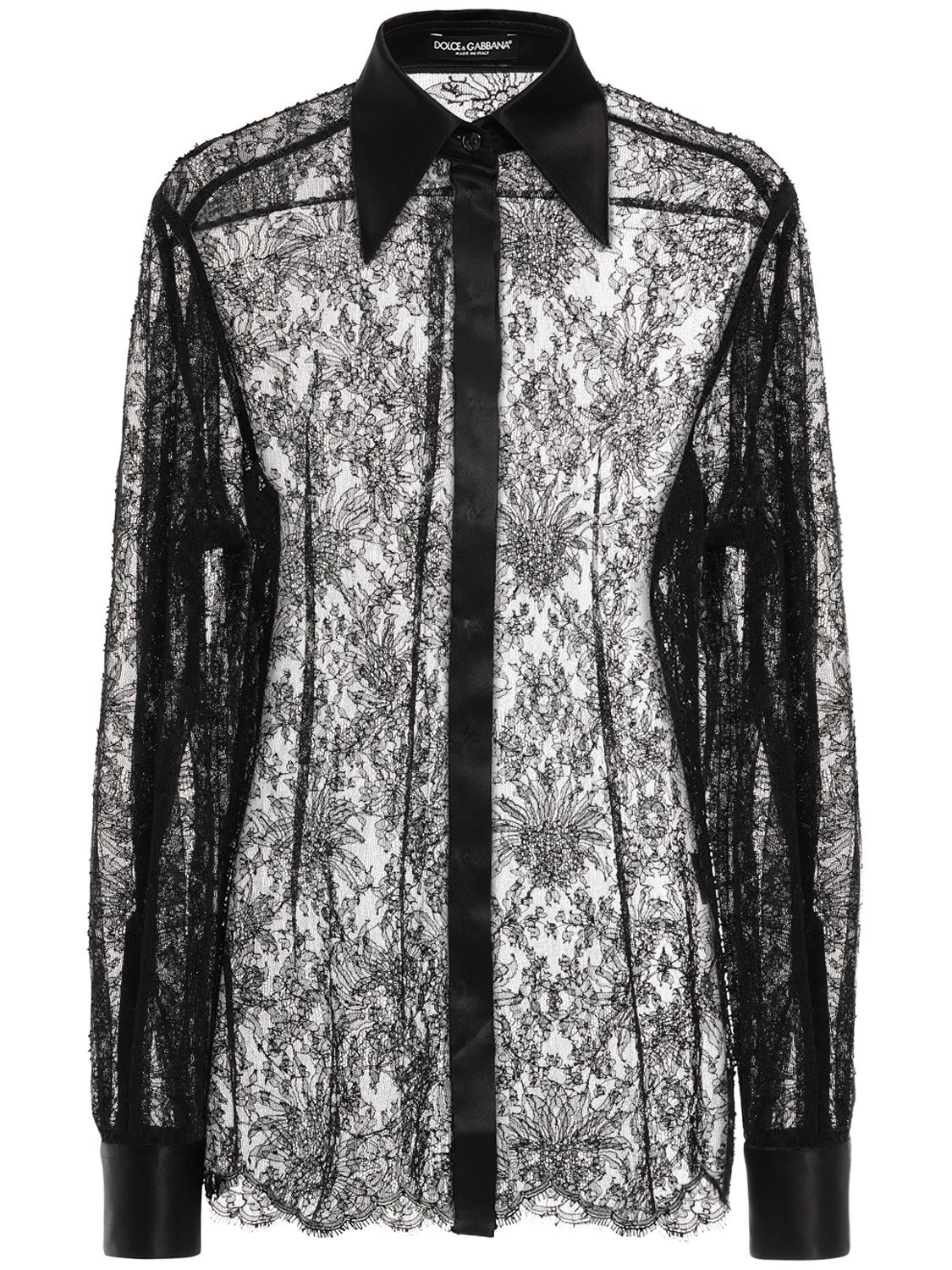 Shop Dolce & Gabbana Chantilly Sheer Satin & Lace Shirt In Black