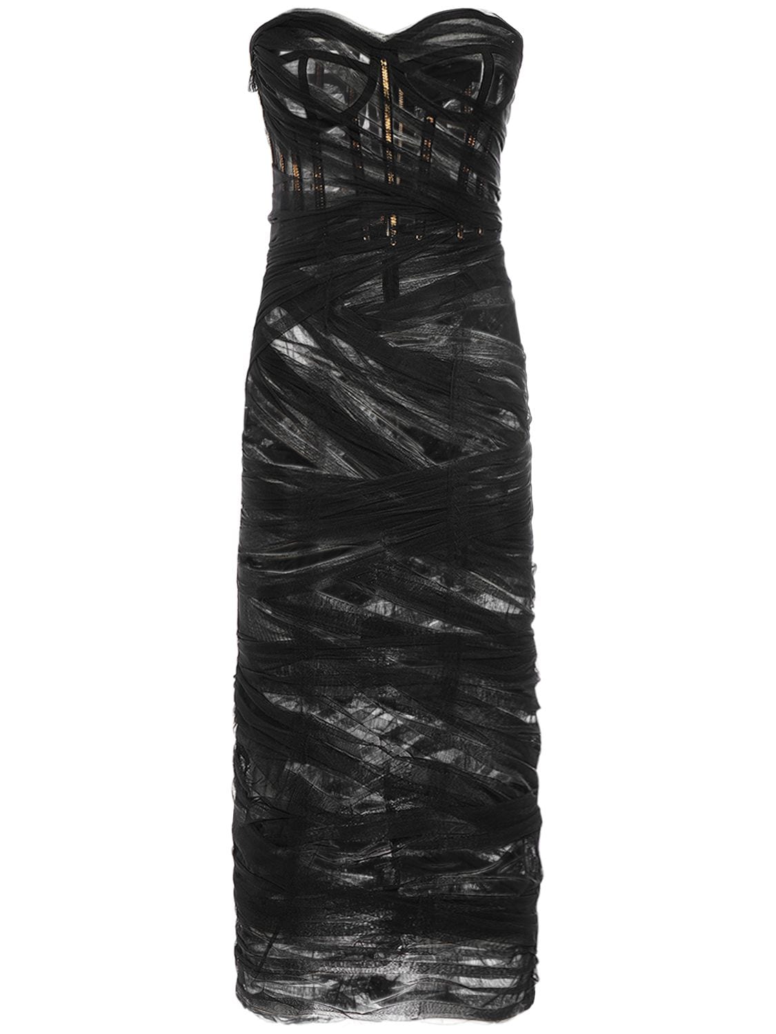 Image of Draped Tulle Strapless Midi Corset Dress