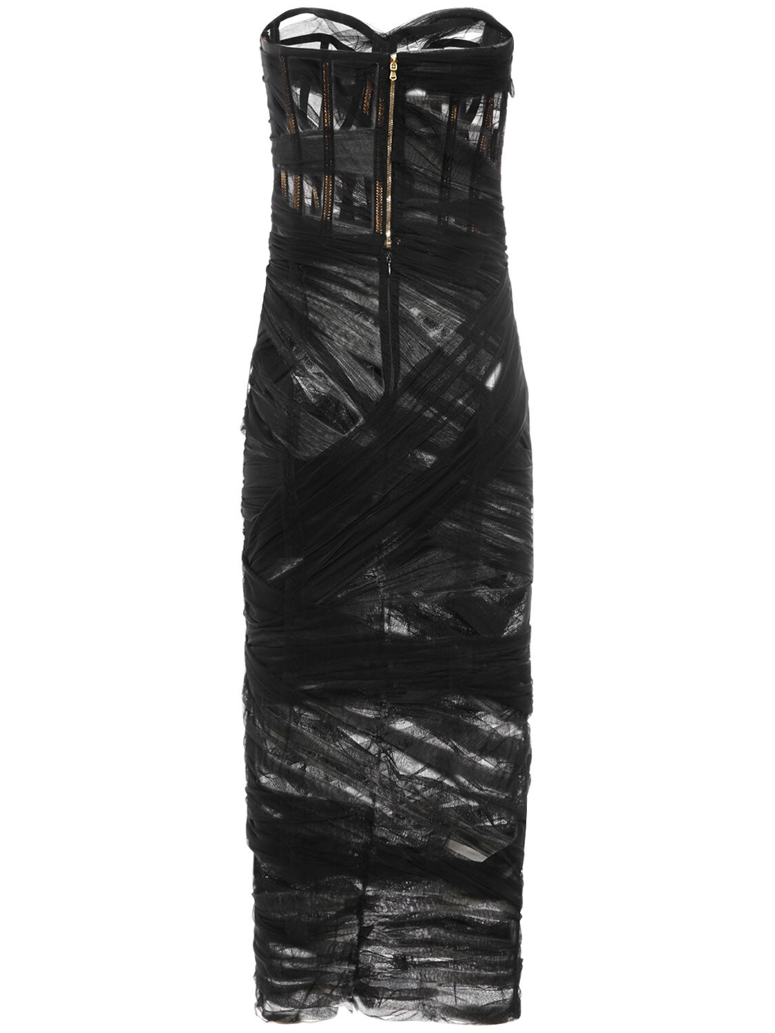 Shop Dolce & Gabbana Draped Tulle Strapless Midi Corset Dress In Black