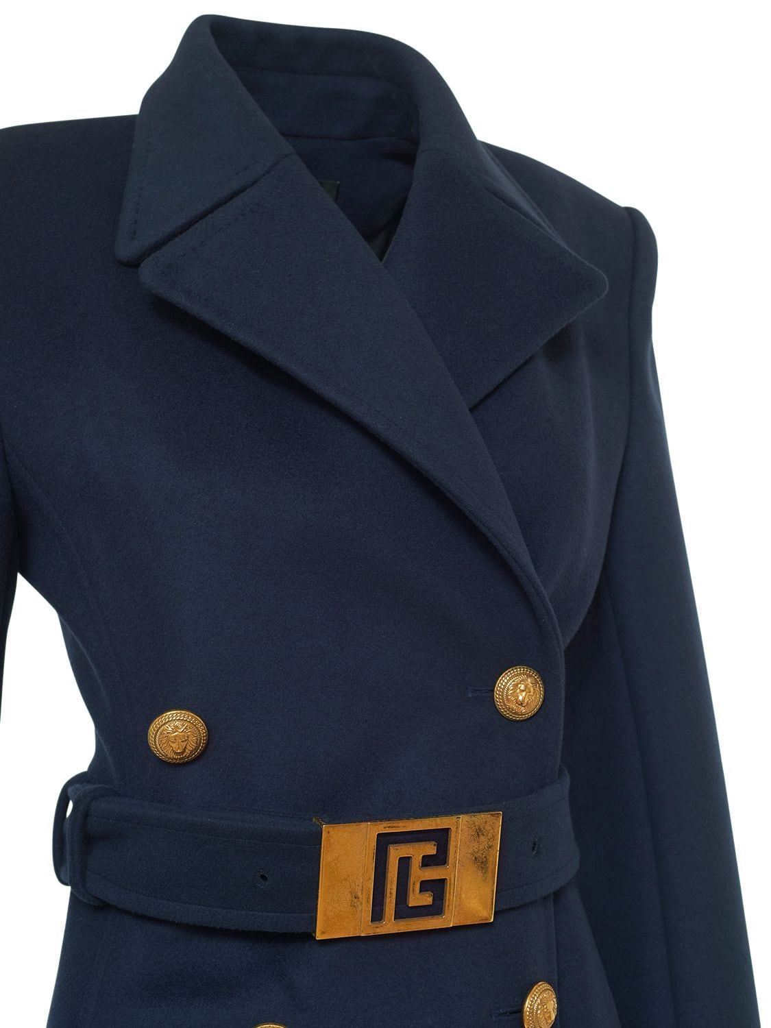 Shop Balmain Double Breasted Wool Midi Coat W/belt In Navy