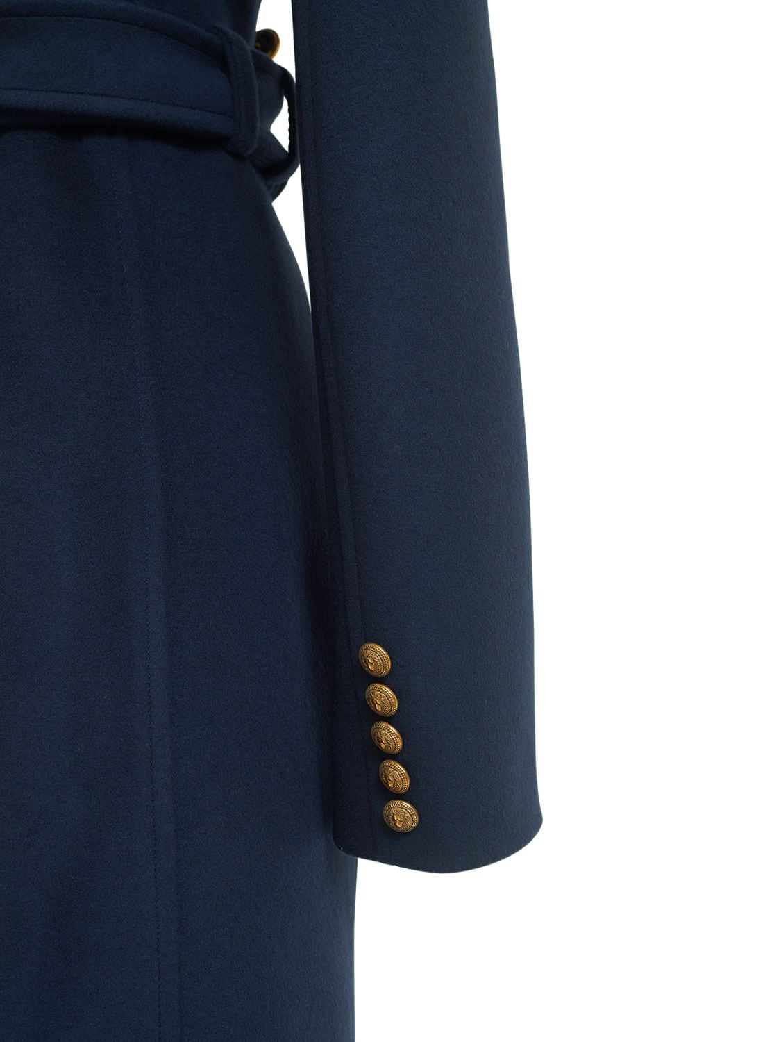 Shop Balmain Double Breasted Wool Midi Coat W/belt In Navy