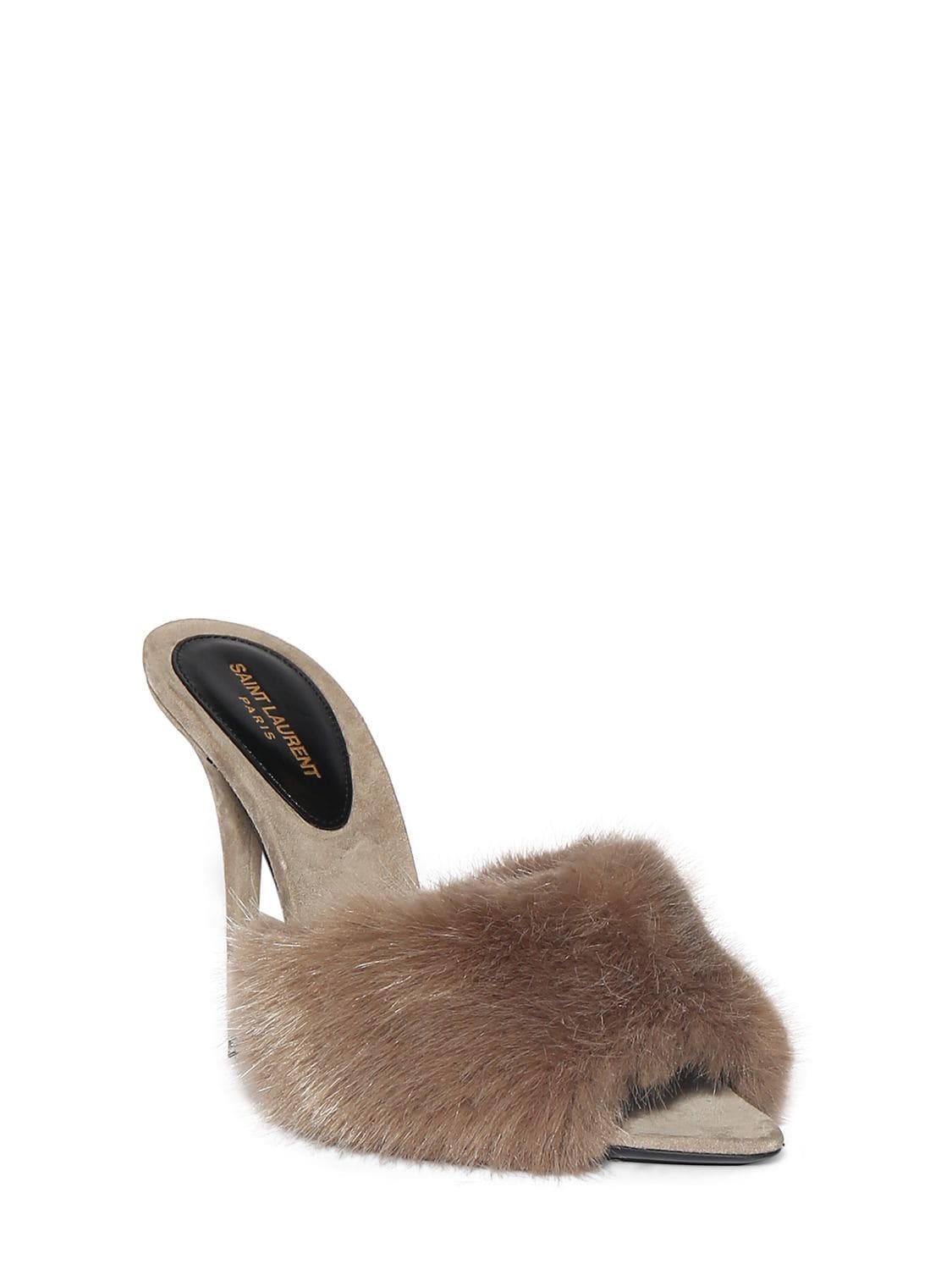 Shop Saint Laurent 105mm La 16 Faux Fur Mule Sandals In Elephant Grey