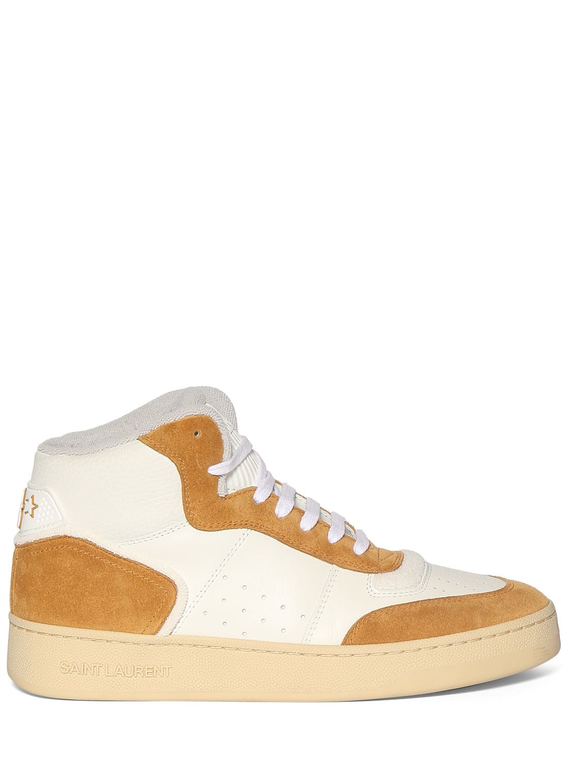 Shop Saint Laurent 20mm Sl80 Mid Top Leather Sneakers In White,yellow