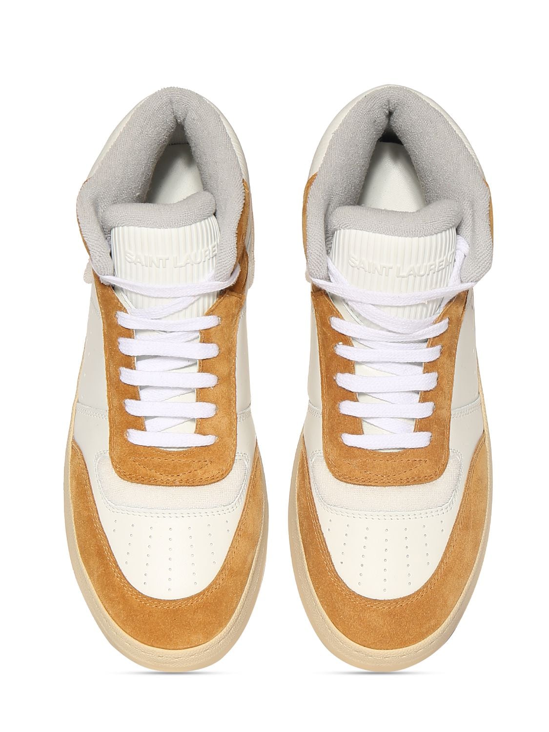 Shop Saint Laurent 20mm Sl80 Mid Top Leather Sneakers In White,yellow