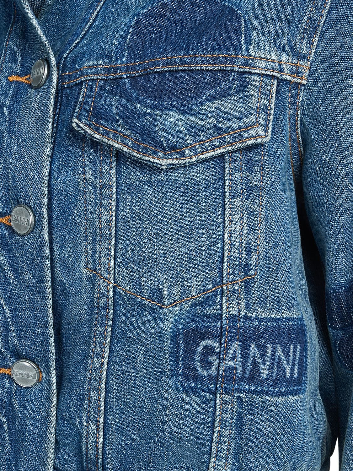 GANNI Cotton Denim Bomber Jacket W/ Logo