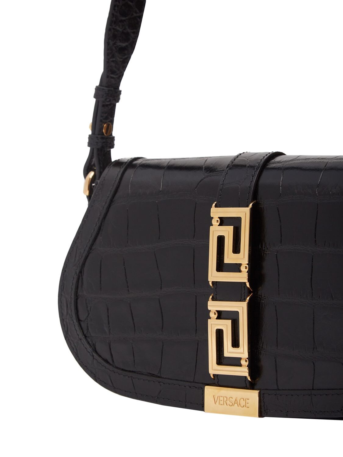 Shop Versace Medium Croc Embossed Leather Bag In Black