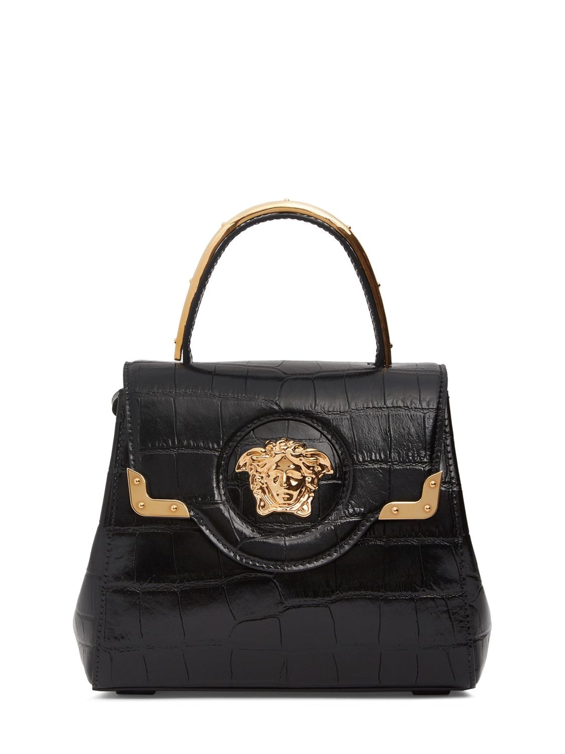 Versace Croc Embossed Leather Top Handle Bag In Black