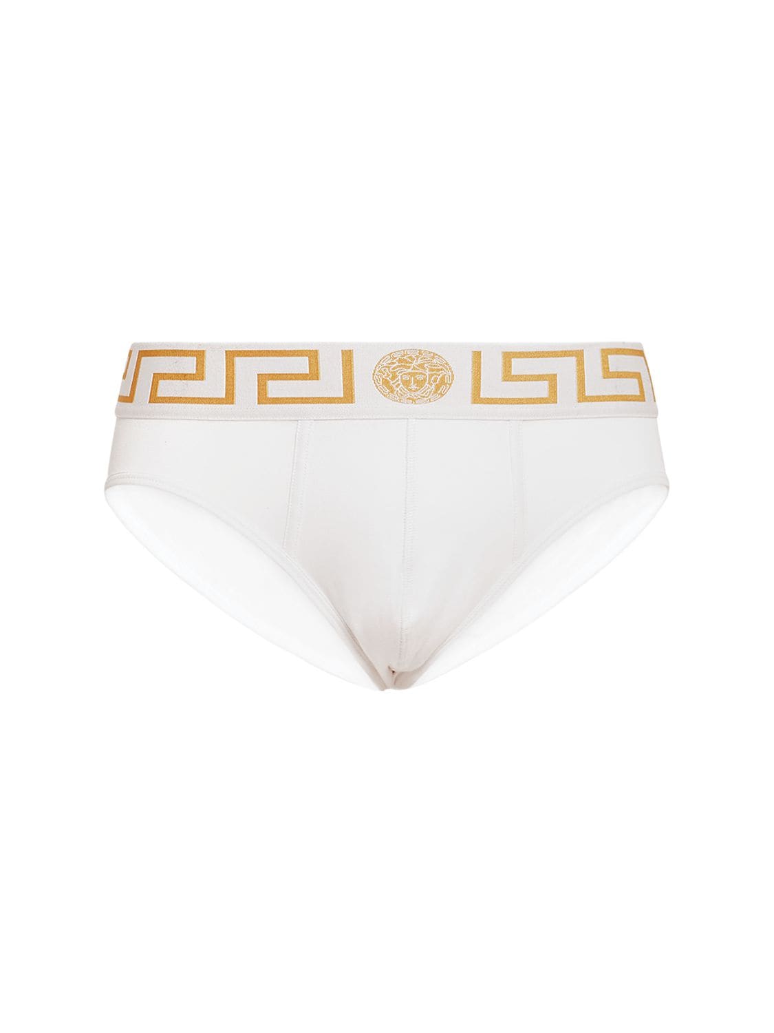 Versace Greca Logo Stretch Cotton Briefs In White,gold