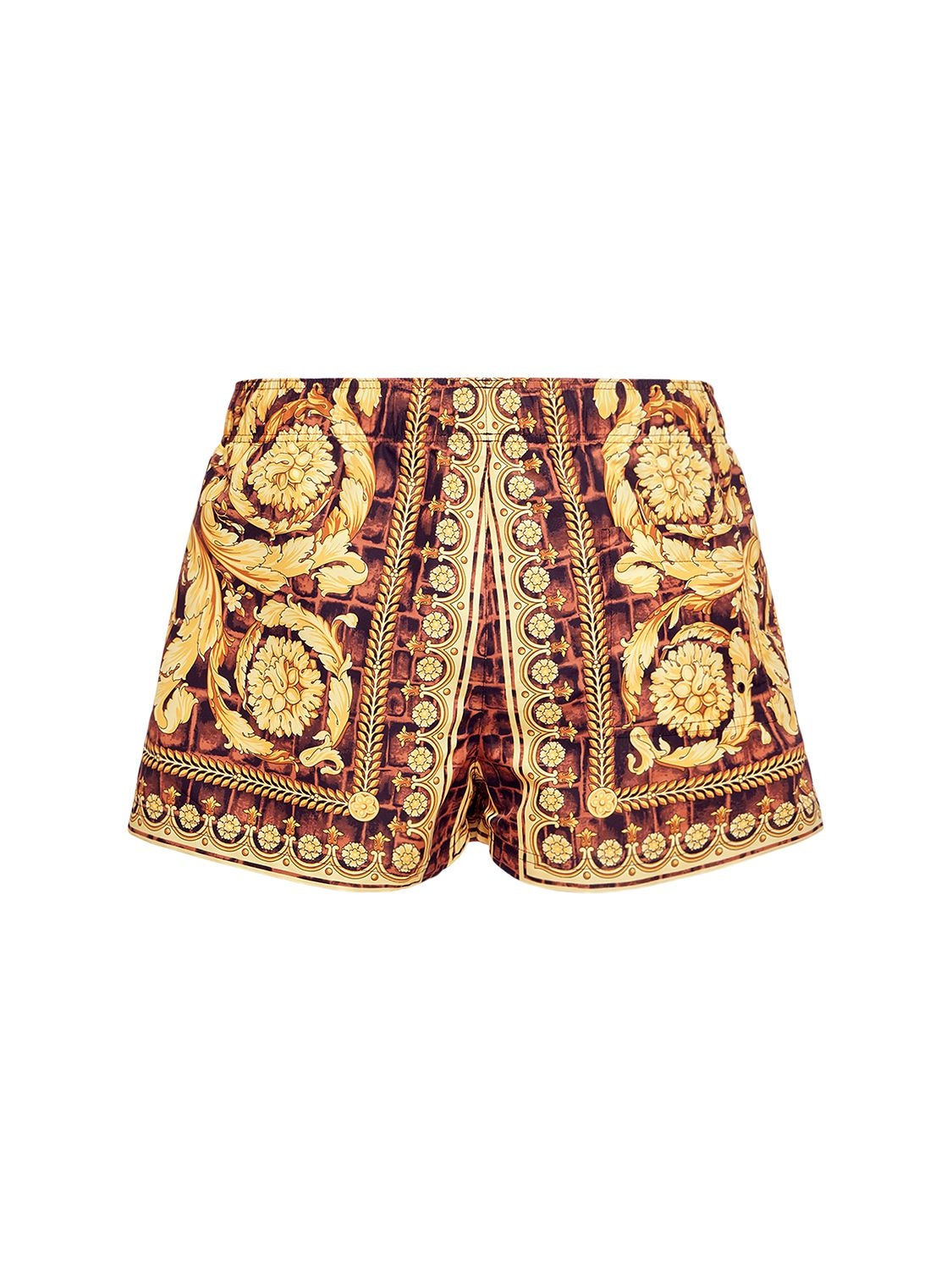 Shop Versace Cocco Barocco Printed Nylon Swim Shorts In Caramel