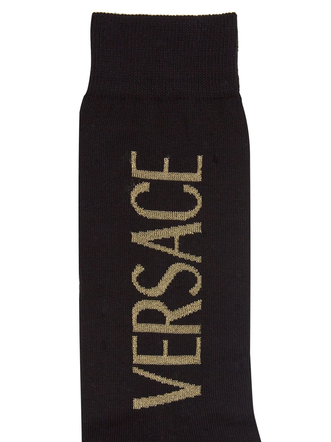 Shop Versace Logo Cotton Blend Socks In Black,gold