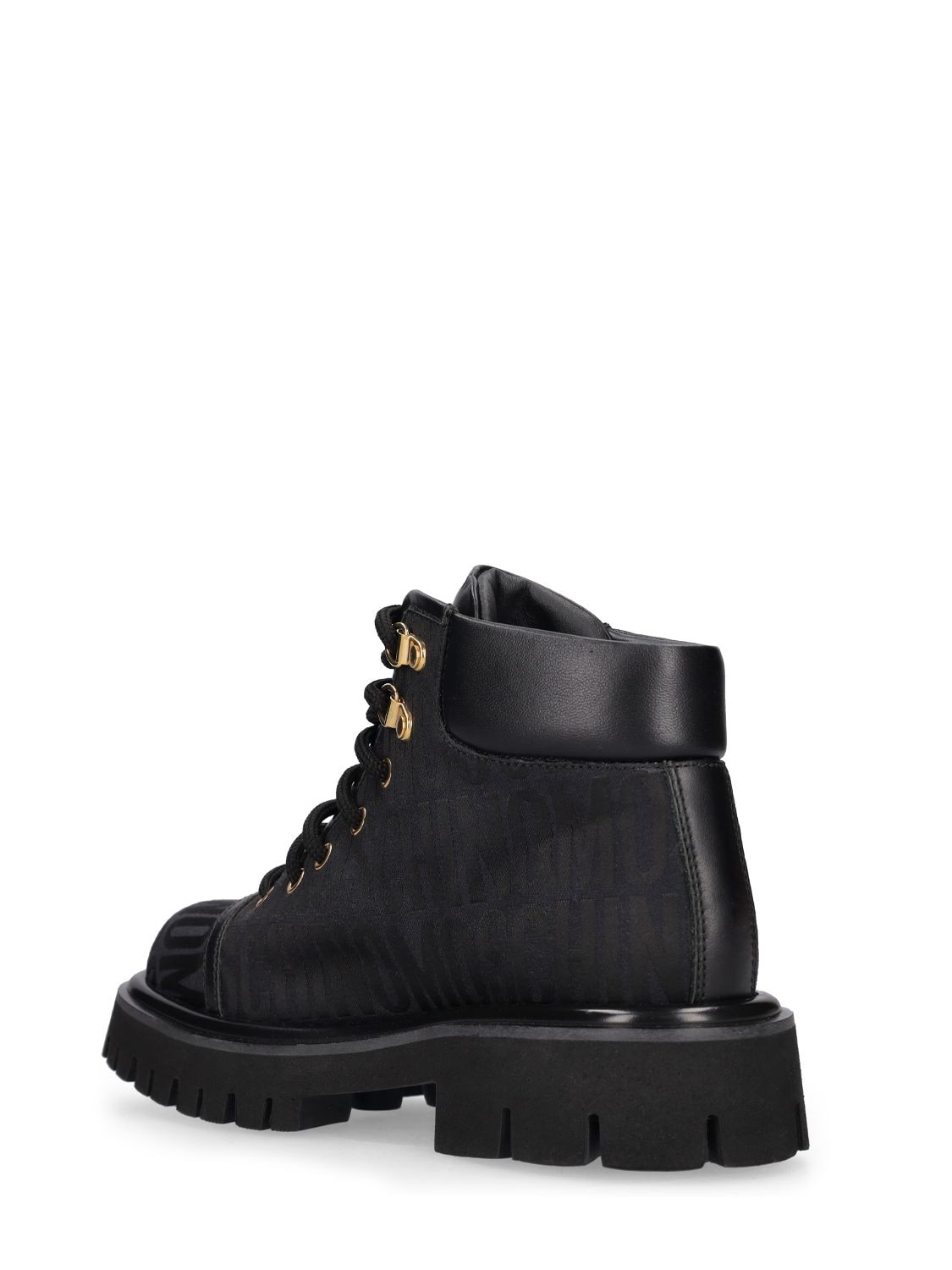 Shop Moschino 45mm Logo Jacquard Hiking Boots In Black,brown