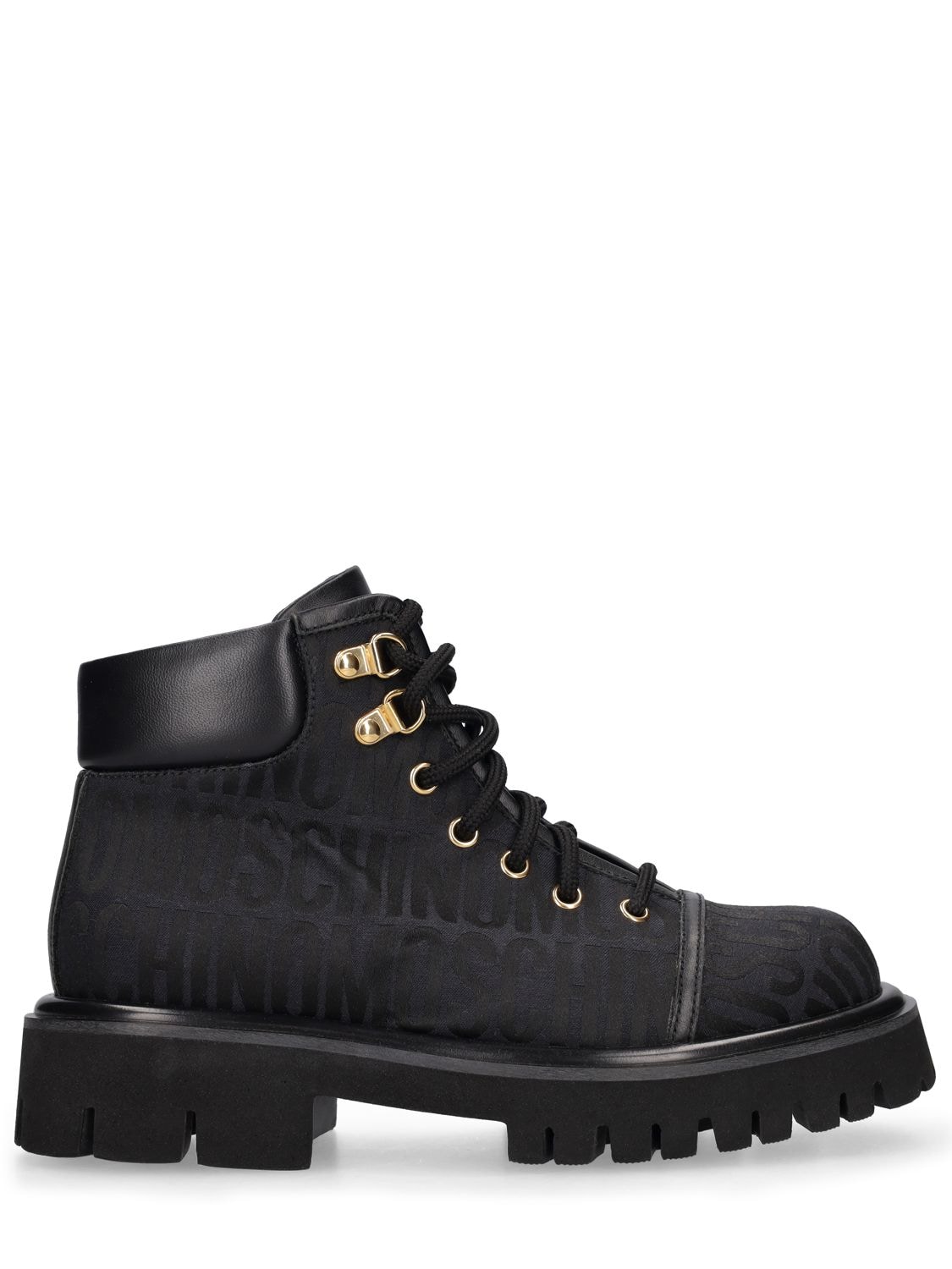 Moschino 45mm Logo Jacquard Hiking Boots In Black,brown