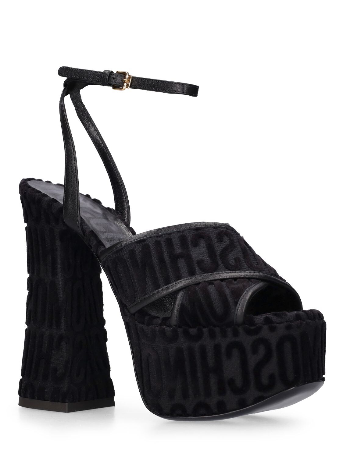 Shop Moschino 140mm Logo Velvet Platform Sandals In Black