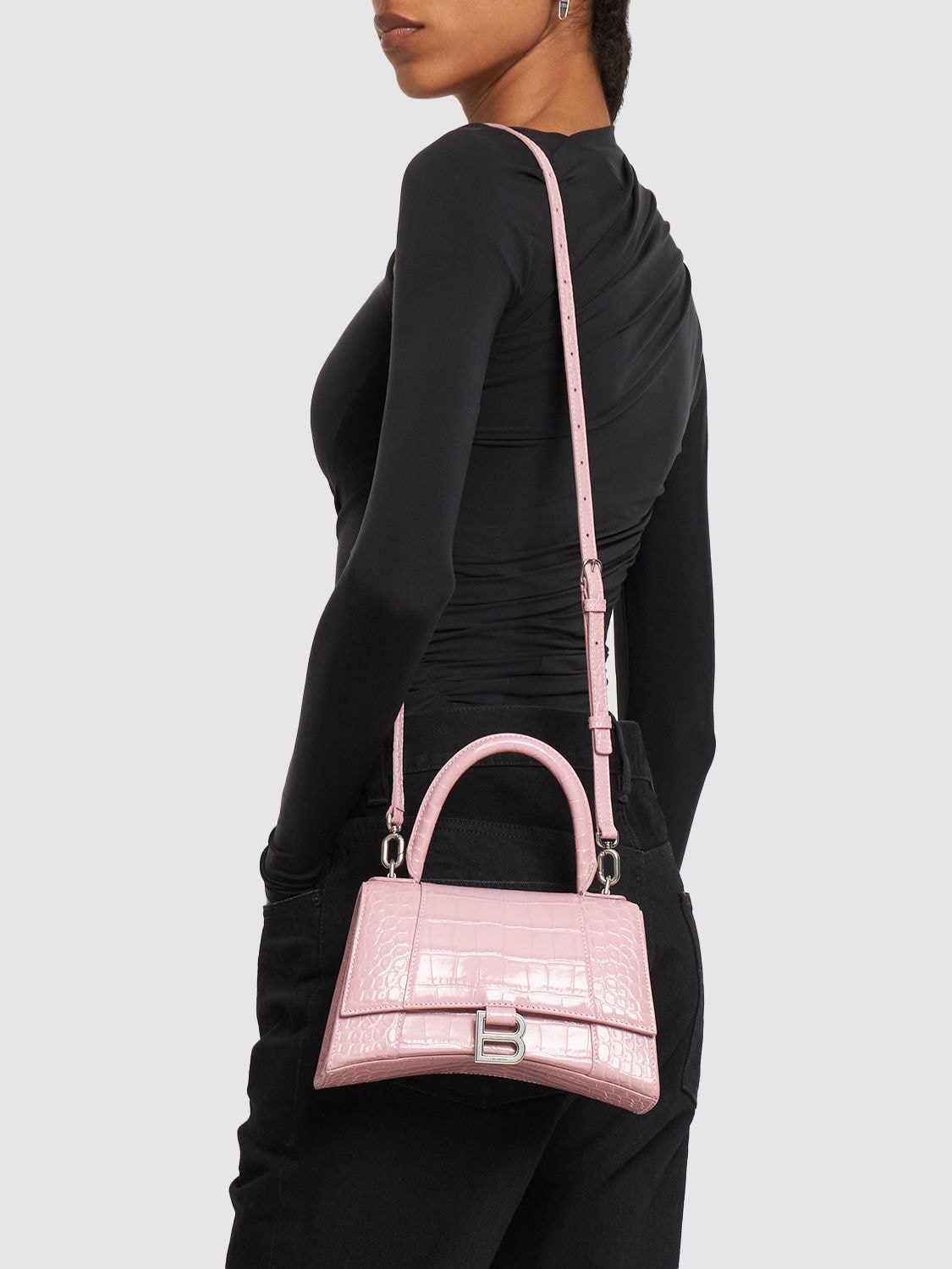 Shop Balenciaga Small Hourglass Embossed Leather Bag In Powder Pink