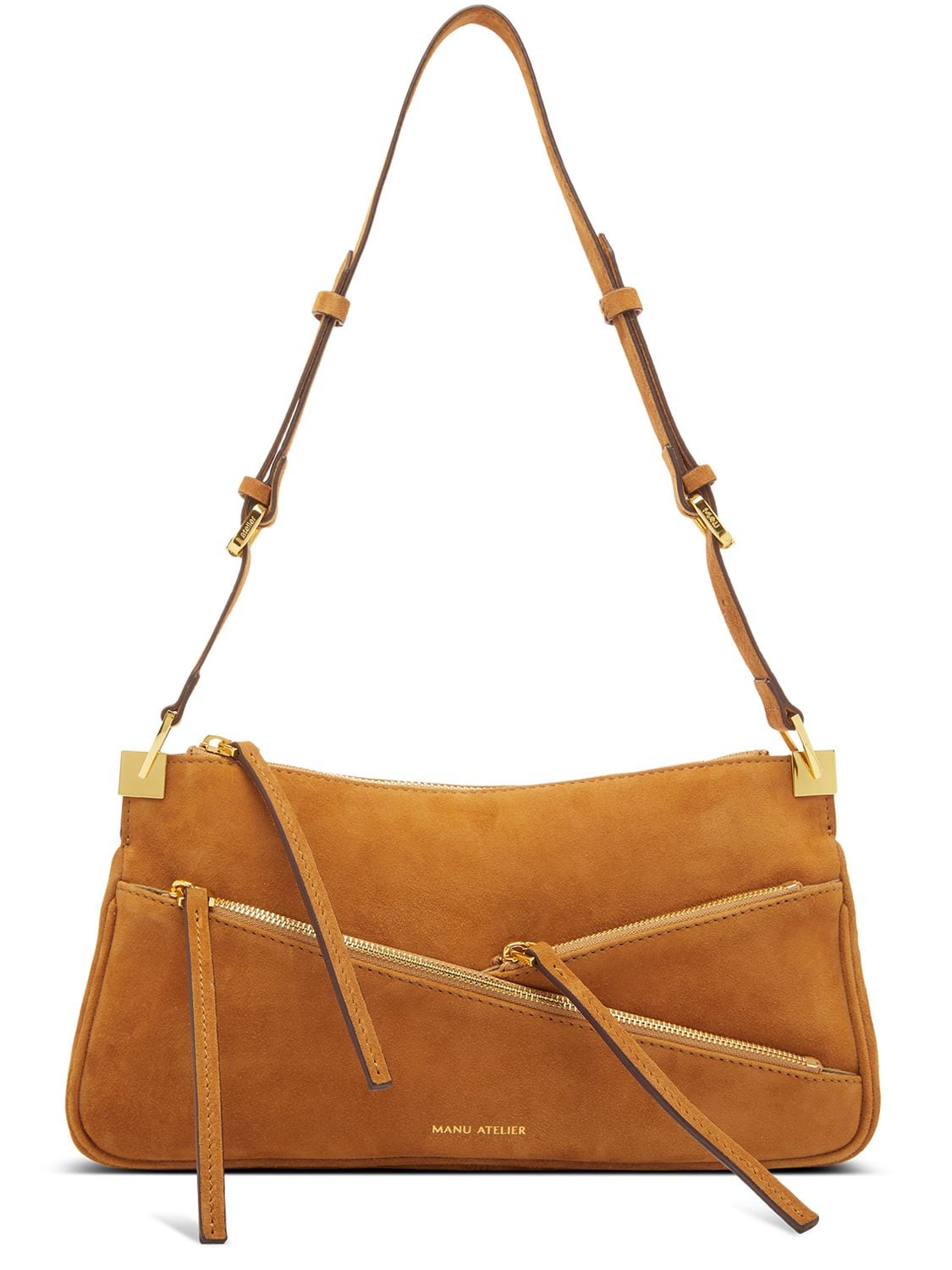 Manu Atelier Suede Shoulder Bag W/ Zip Details In Safari