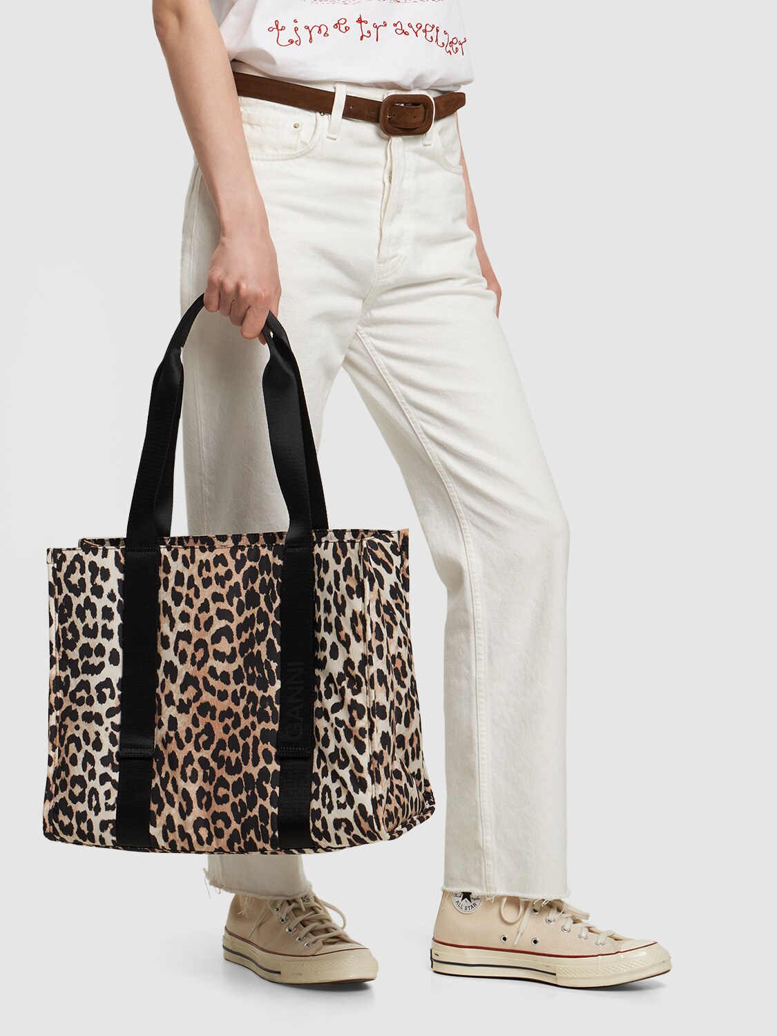 Ganni Medium Leopard Print Recycled Tech Tote In Multicolour