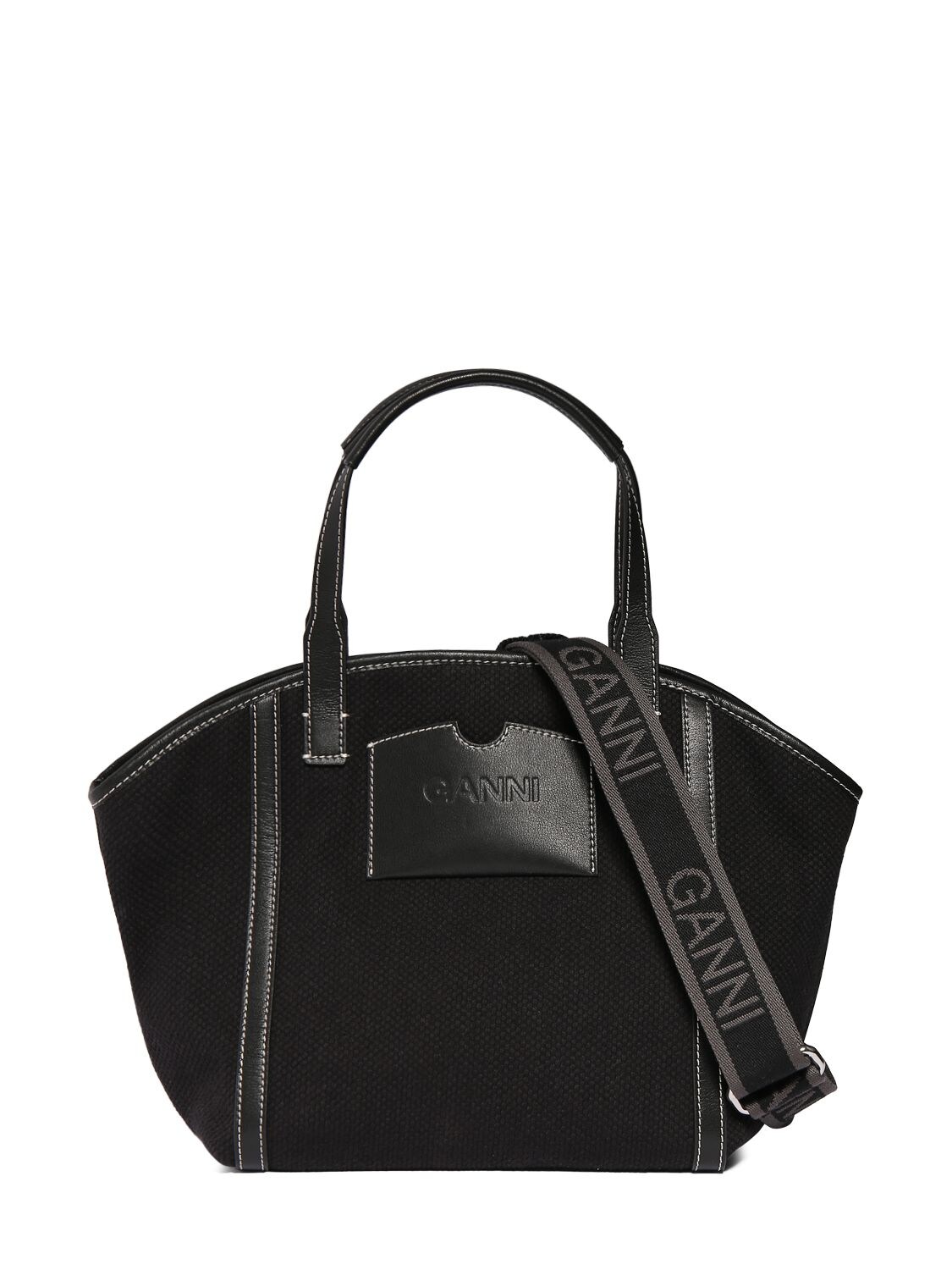 Ganni Black Leather Double Top Handle Logo Contrast Stitching Tote Bag