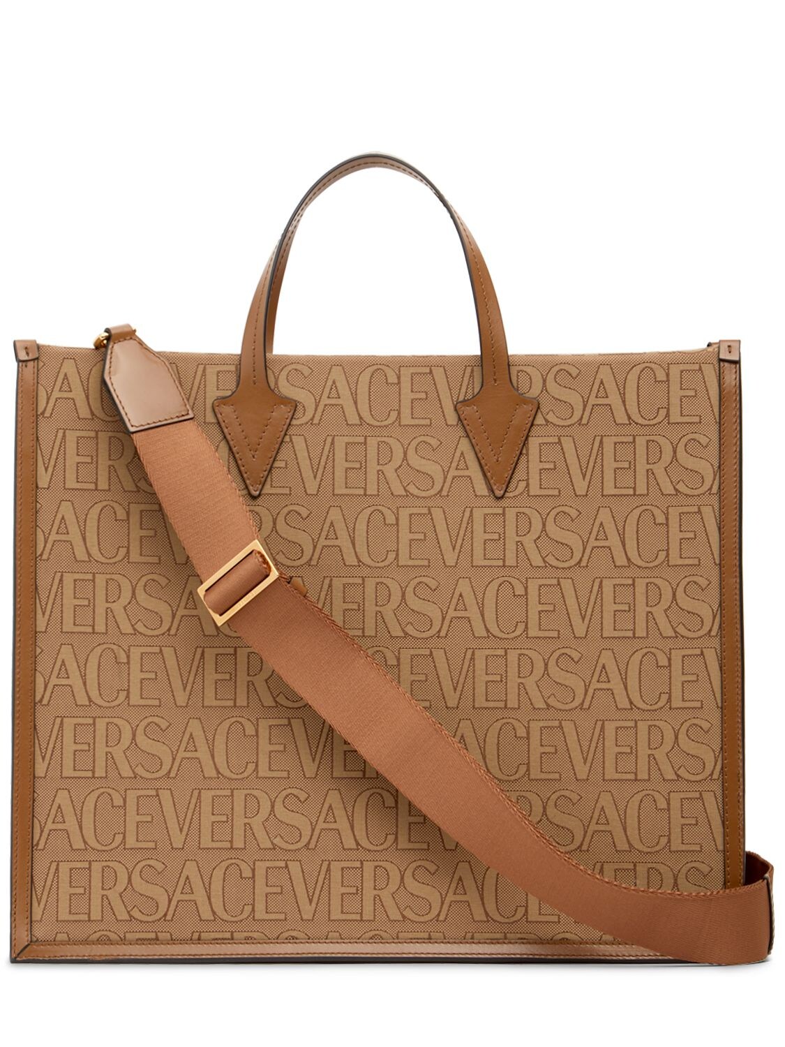 Shop Versace Large Fabric & Leather Tote Bag In Beige,brown