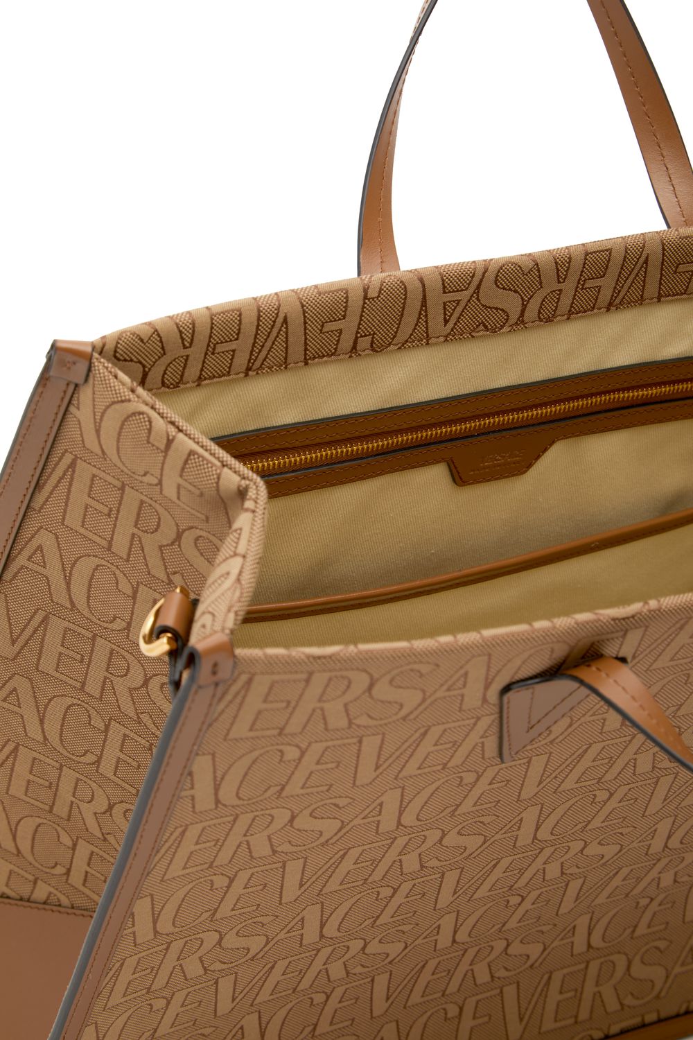 Shop Versace Large Fabric & Leather Tote Bag In Beige,brown