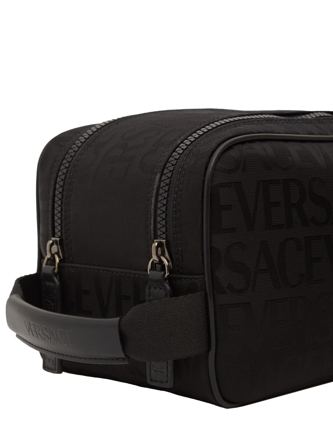 Shop Versace Logo Jacquard Nylon Toiletry Bag In Black