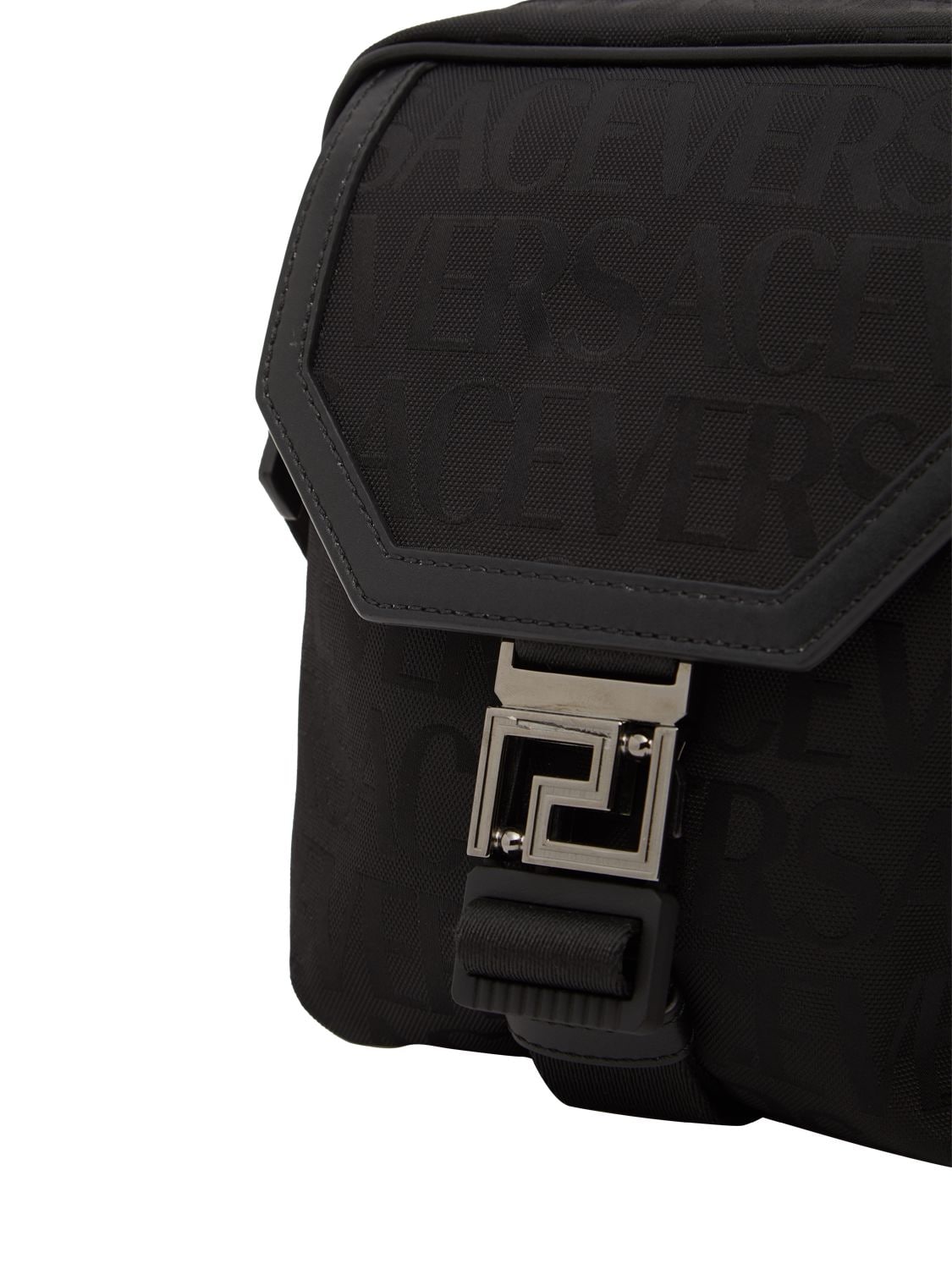 Shop Versace Logo Jacquard Nylon Messenger Bag In Black