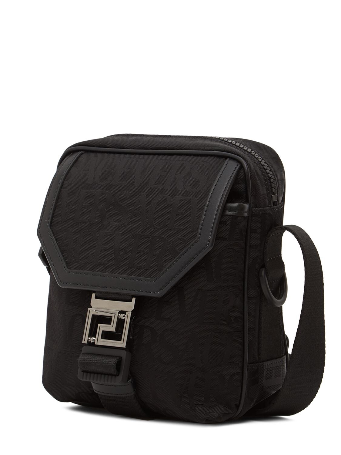 Shop Versace Logo Jacquard Nylon Messenger Bag In Black