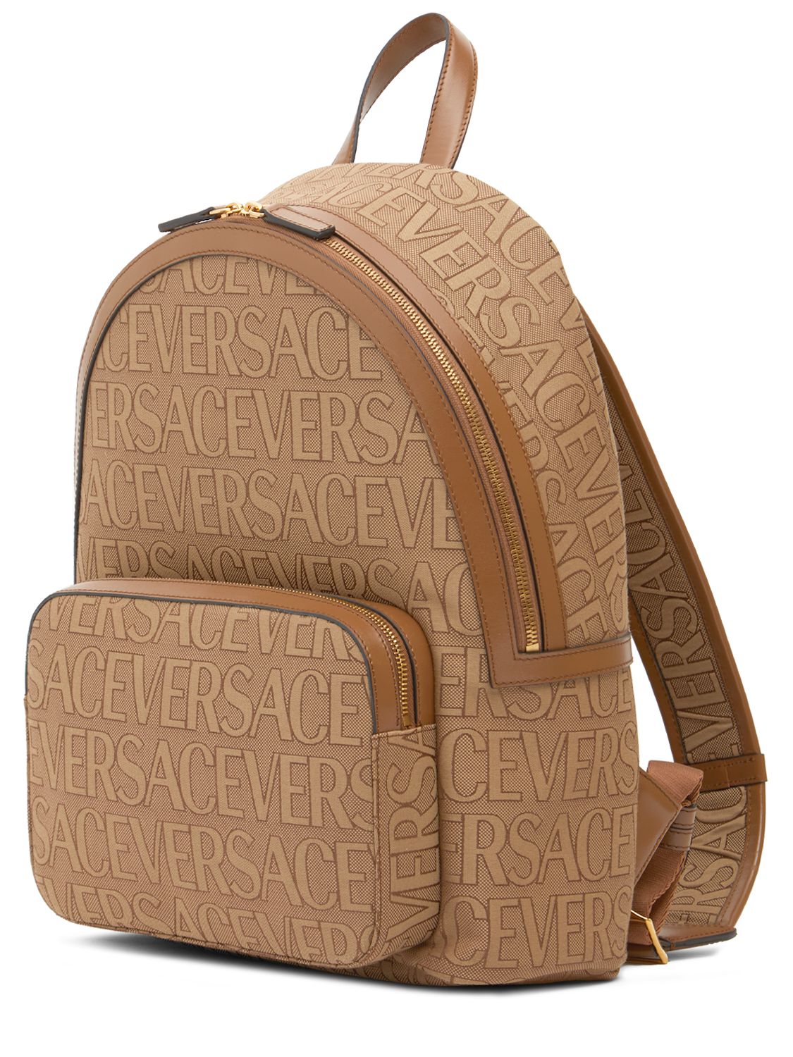 Shop Versace Logo Fabric & Leather Backpack In Beige,brown
