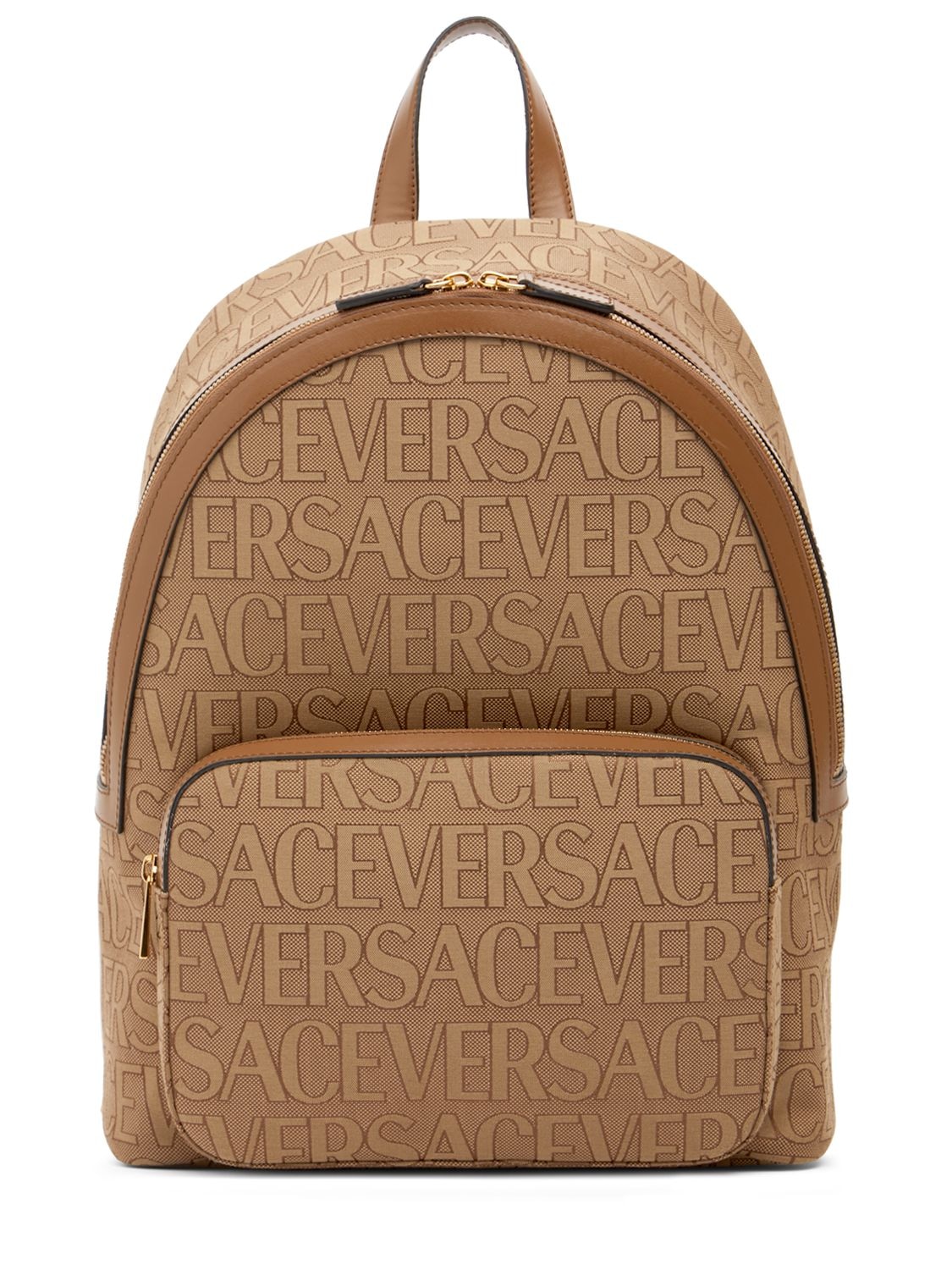 Versace Logo Fabric & Leather Backpack In Beige,brown