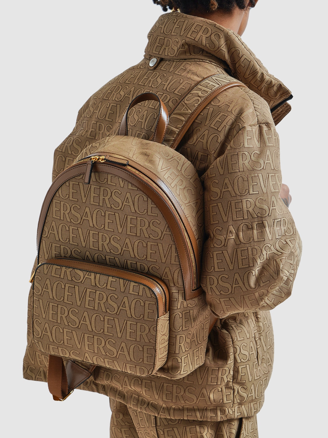 Shop Versace Logo Fabric & Leather Backpack In Beige,brown