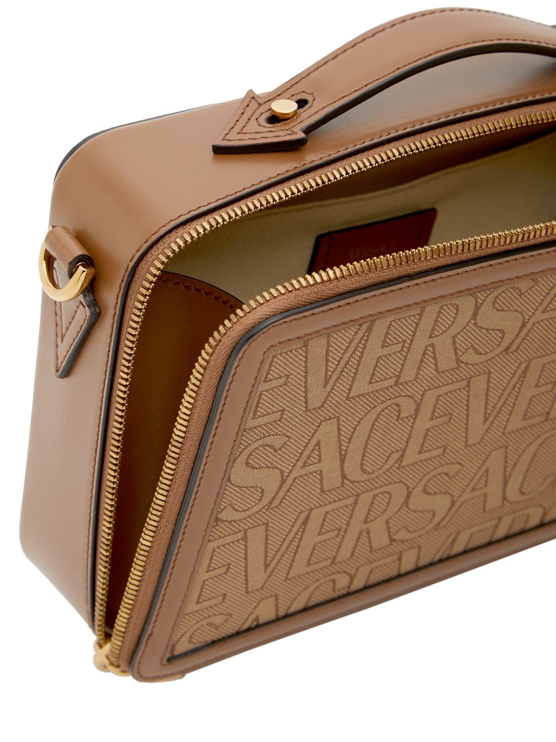Shop Versace Logo Fabric & Leather Crossbody Bag In Beige,brown