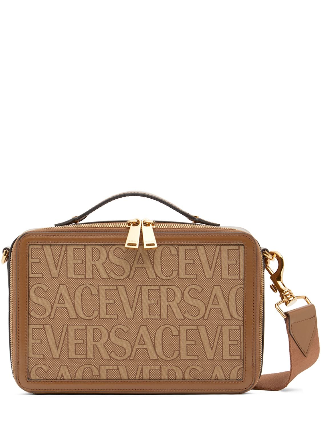 Versace Logo Fabric & Leather Crossbody Bag In Beige,brown