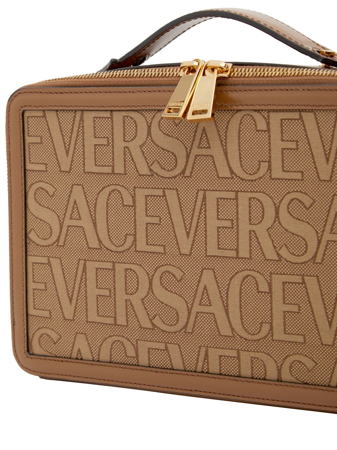 Shop Versace Logo Fabric & Leather Crossbody Bag In Beige,brown