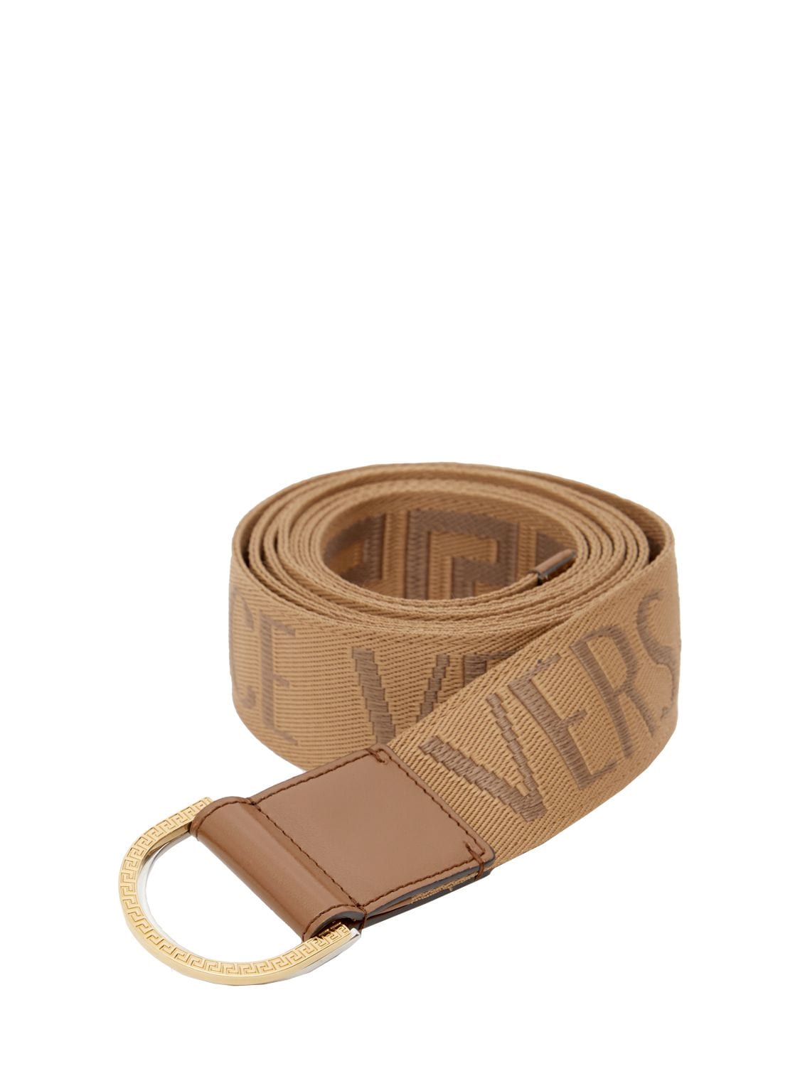 Versace 4cm Logo Webbing & Leather Belt In Beige,brown