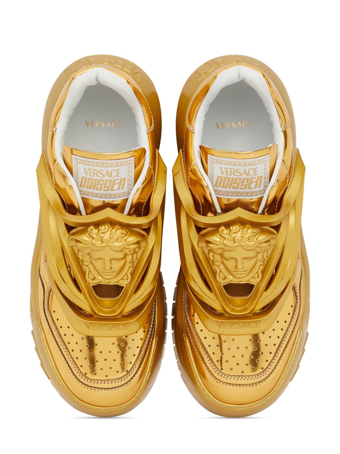 Shop Versace Metallic Leather Sneakers In Gold