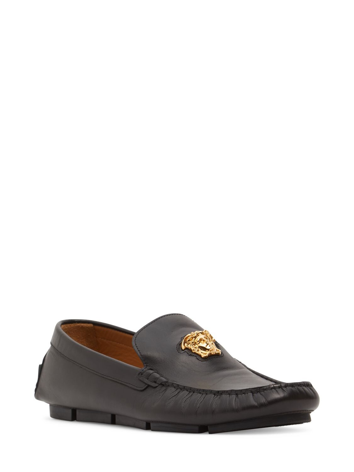 Shop Versace Leather Loafers W/ Medusa Detail In Black