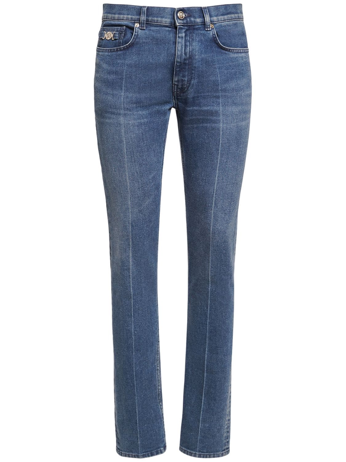 Versace Stonewashed Cotton Denim Jeans In Blue