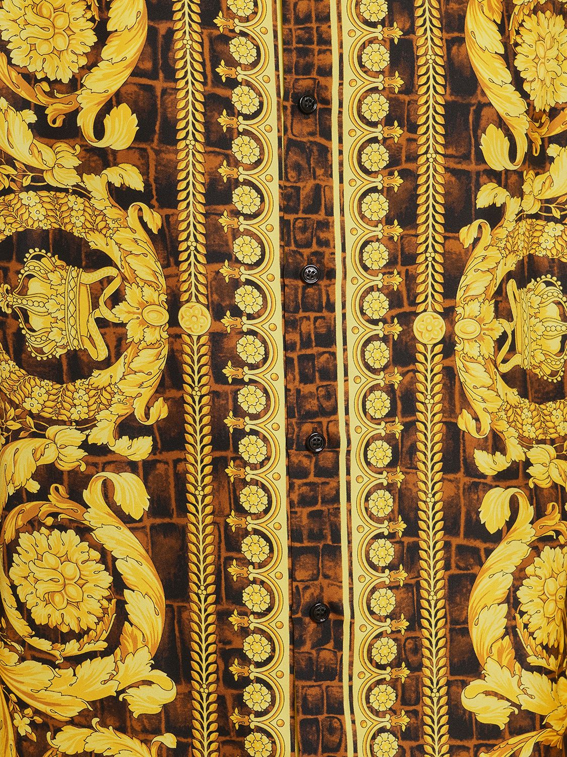 Versace Barocco Print Silk Long Sleeve Shirt In Caramel