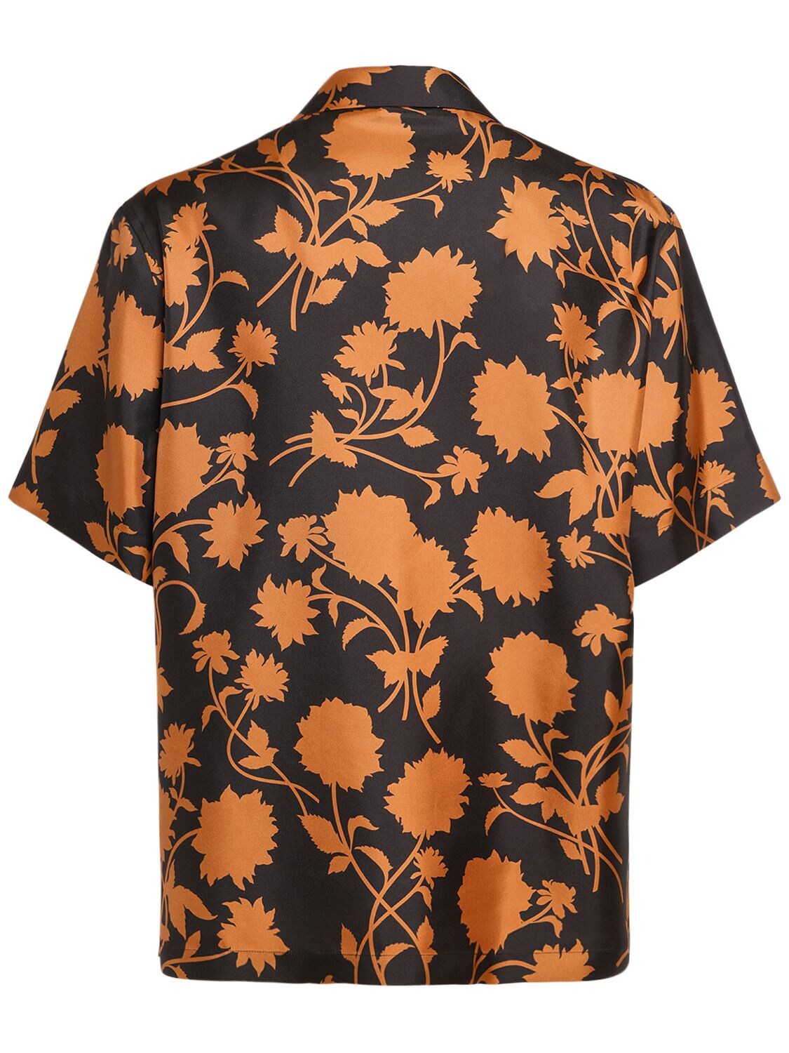 Shop Versace Flower Print Silk Short Sleeve Shirt In Black,caramel